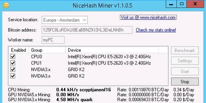 Spustenie ťažby pre procesor NiceHash Miner